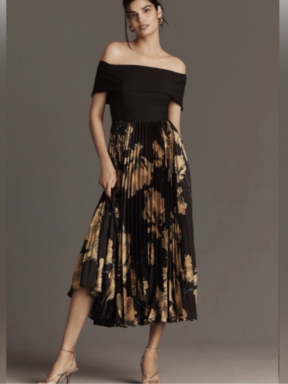Hutch Off The Shoulder Twofer Midi Dress Size: 26 W Black Exploded Floral Pleats